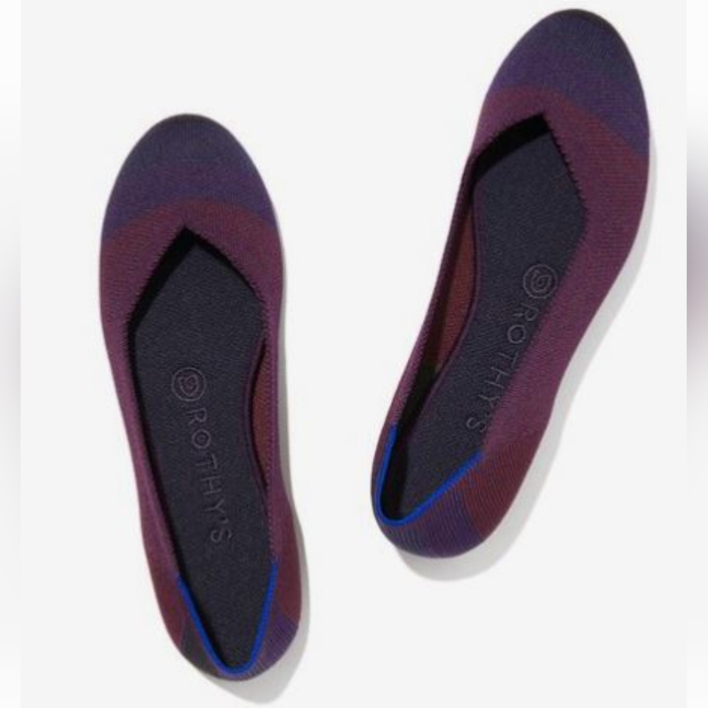 Rothy's Flats, size 7.5, Maroon/Wine Red with Indigo/Navy/Black Stripe Detail